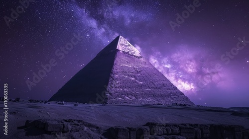 An awe-inspiring image of the Keops Pyramid from Giza, set against a fantastic purple night sky