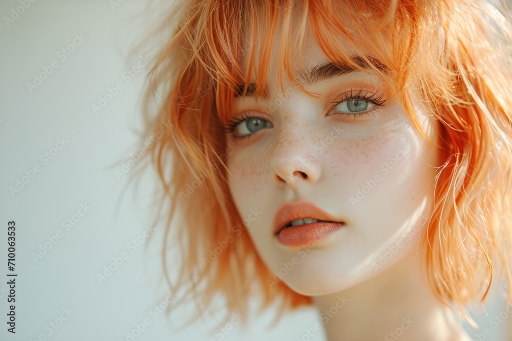 Close up fashion-style portrait of young woman with peach-colored hair and lipstick and freckles on her face