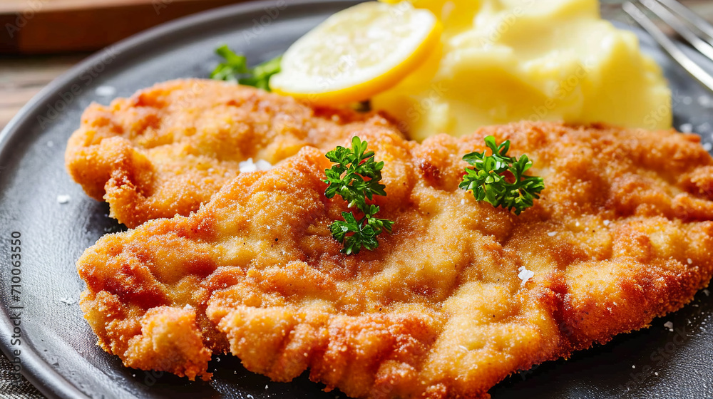 Delicious authentic breaded and deep-fried Wiener schnitzel served with lemon and mashed potatoes on a a plate Delicious authentic breaded and deep-fried Wiener schnitzel served with lemon and mashed potatoes on a a plate