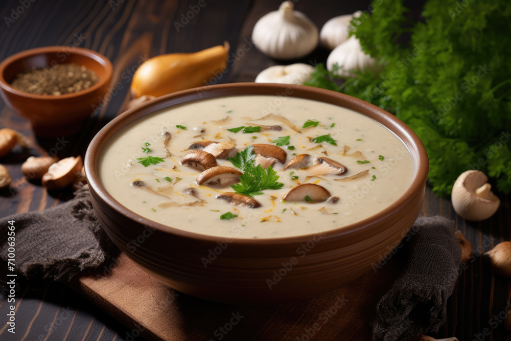 Creamy mushroom soup in a bowl with herbs and spices.