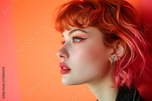 Close up fashion-style profile portrait of young woman with red hair and bright expressive makeup on a pink and orange background