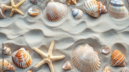 An overhead view of a sandy beach texture, artistically adorned