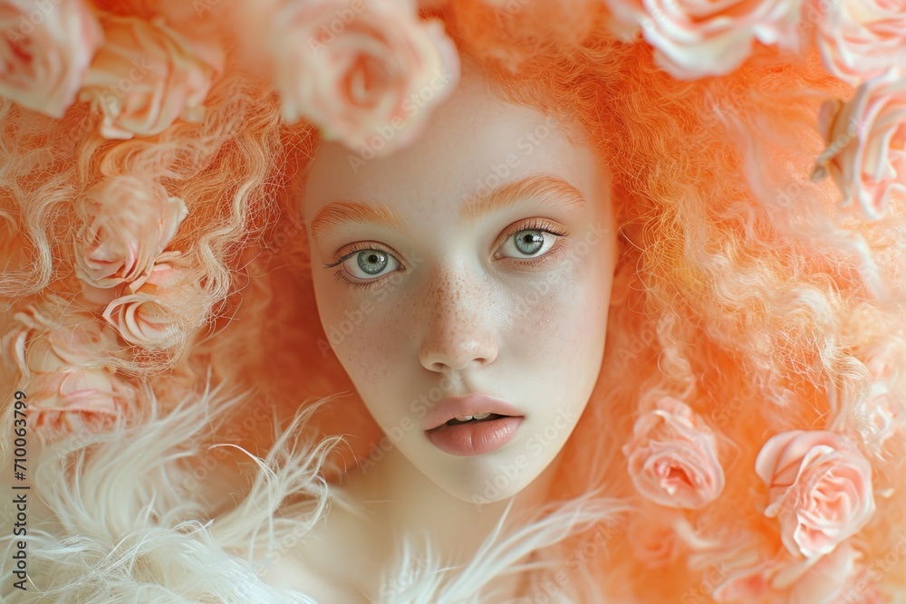 Close up vintage fashion style portrait of young woman with light blue eyes, peach fuzz colored hair, peach roses in her hair, peach brows and freckles on her face