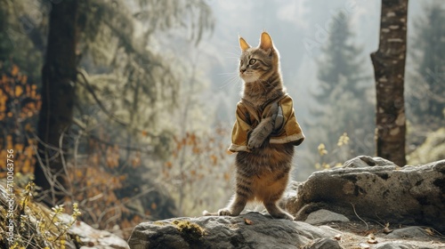 A cat in a yellow jacket stands on a rock in the forest