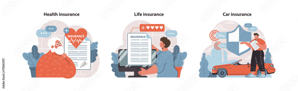 Insurance essentials pack. Visual guide for health, life, and car insurance policies. Engaging portrayal of protection services. A must-have for secure living. Flat vector illustration.