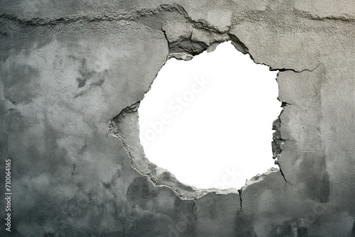 torn hole in a old cracked concrete wall. Peeling old wall. Cracked and peeling, Grunge wall texture. Worn aged post apocalyptic texture background with a hole in the wall. round hole photo