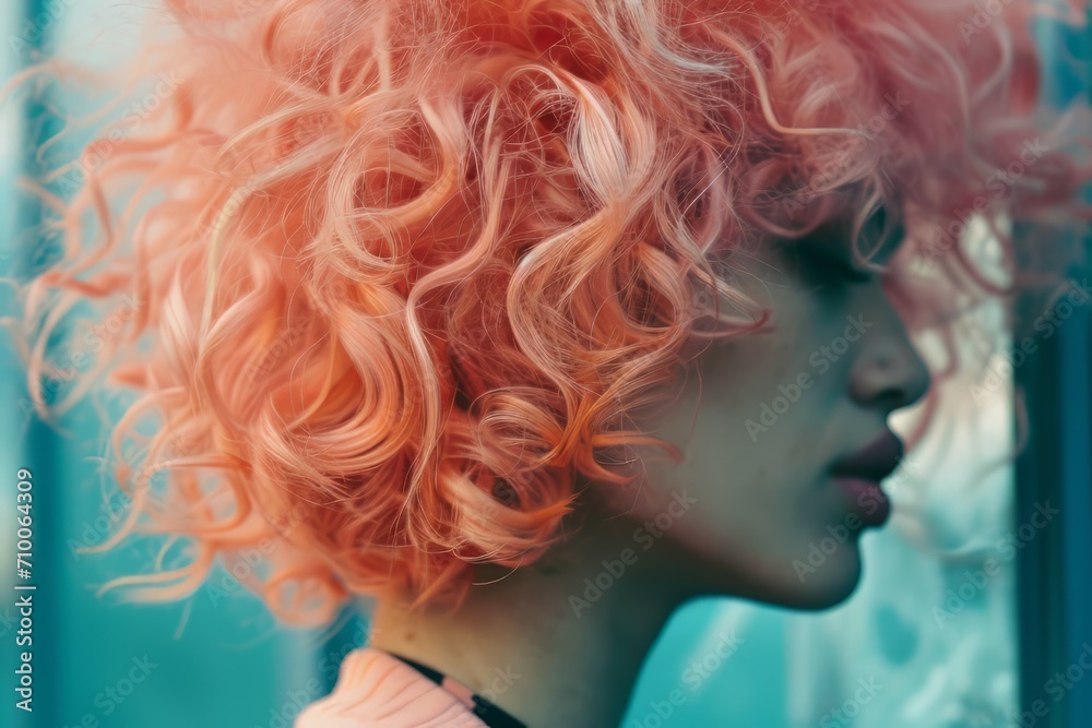 Lush curly peach hairstyle, woman portrait in profile