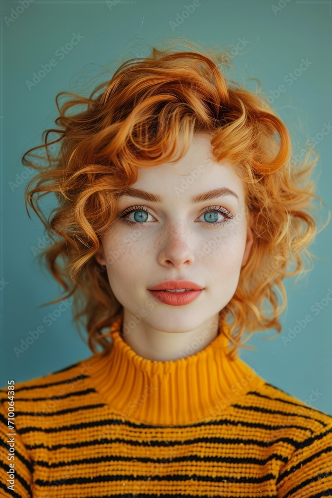 Fototapeta premium Fashion-style portrait of young woman with orange hair and lipstick, blue eyes and freckles, wearing orange sweater with black stripes on a turquoise background