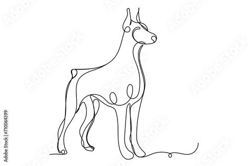 Doodle One Line Drawn Doberman Dog Portrait. Black Curve Editable Line Doberman Dog Face Sketch Silhouette Isolated on White background. Brave Domestic Guardian Pet Dog Symbol Line Art Drawn Icon