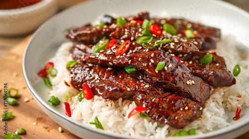 Mongolian beef with sweet and savory spicy soy sauce and garlic glaze served on rice. Popular Asian dish photo