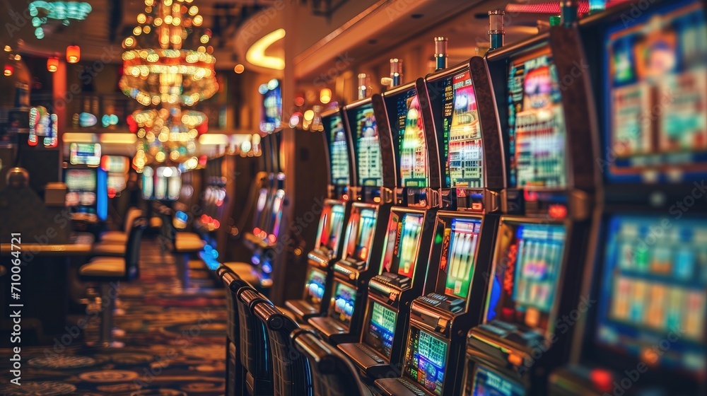 Rows of Colorful gambling Slot Machines in a Casino Hall - obrazy, fototapety, plakaty 