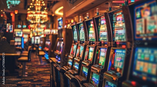Rows of Colorful gambling Slot Machines in a Casino Hall photo
