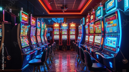 Rows of Colorful gambling Slot Machines in a Casino Hall