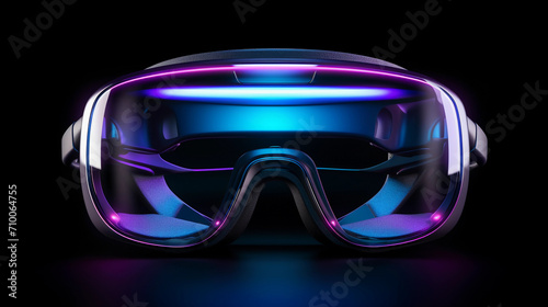 3d 360 vr headset glasses goggles lenses in futuristic neon light, virtual augmented reality innovative party experience digital mobile technology background concept,