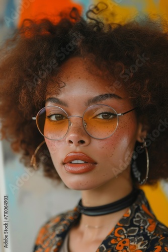 Close up fashion portrait of young african woman with curly hair, looking at the camera, daring look, colorful background