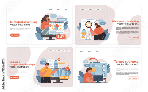 These detailed vector illustrations effectively encapsulate key native advertising concepts: in-content strategies, monitoring effectiveness, competitive tactics, and audience targeting.