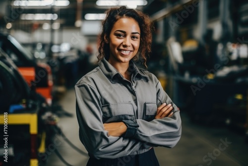 Portrait of a smiling female engineer in auto part factory