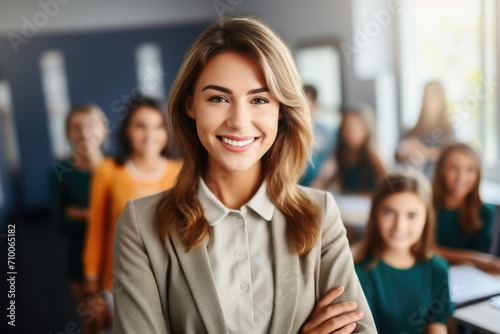 Portrait of a young smiling female teacher in classroom with students