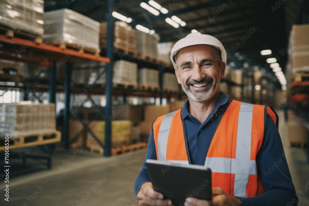 Portrait of a middle aged man using tablet in warehouse Portrait of a middle aged man using tablet in warehouse
