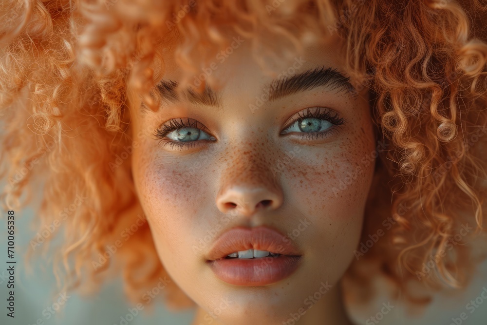 Close up fashion portrait of young woman with an orange curly hair, looking at the camera, in the style of vibrant colorism, african influence, daring look