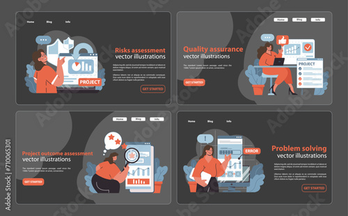 Project Management procedures. Risk analysis, ensuring quality, evaluating outcomes, resolving issues. Vital steps in project execution visualized. Flat vector illustration.