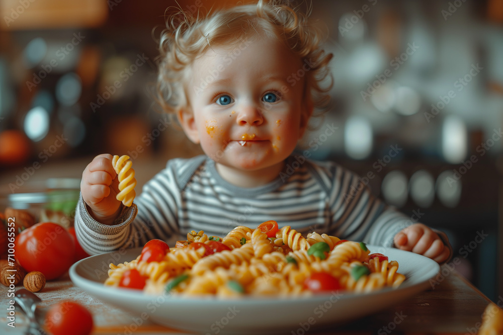 little baby eating pasta, fusilli