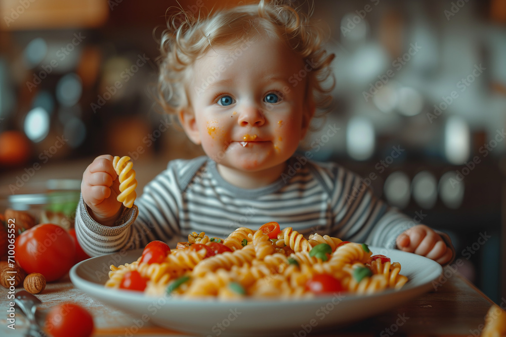 little baby eating pasta, fusilli little baby eating pasta, fusilli