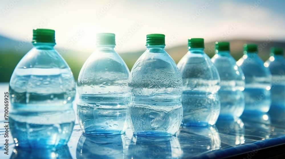 Eco-refresh: Close-up of plastic bottles with pure drinking water on a table, highlighting sustainable living and environmental consciousness. Eco-refresh: Close-up of plastic bottles with pure drinking water on a table, highlighting sustainable living and environmental consciousness.