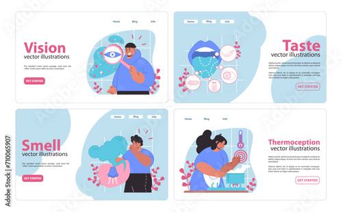 Interactive senses web banners set. Showcasing vision, taste, smell, and thermoception. Engaging with sensory functions. Flat vector illustration for websites.