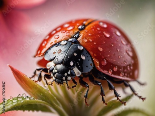 ladybug on red flower petal with water drops close up