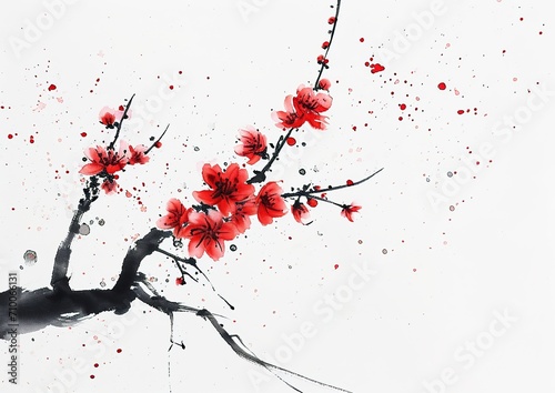 taiwanese traditional red cherry blossom art watercolor