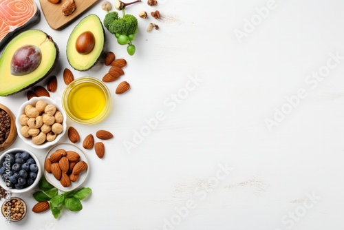 Healthy diet, nutrition food rich in vitamins and omega-3 concept, assorted fresh vegetables, green salad, fruit, fish salmon, nuts, blueberries healthy nutrition or anti-inflammatory diet