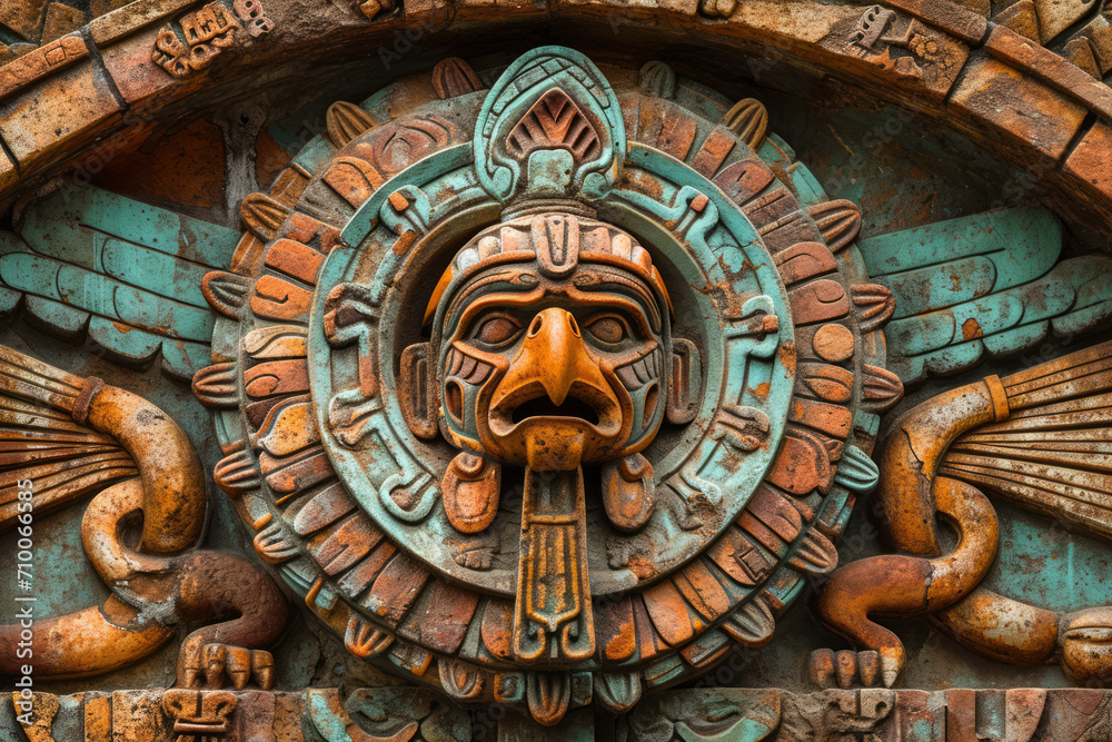 Bird mask, Golden sun stone like dial, Aztec inspired wall carving of ancient design, surface material texture