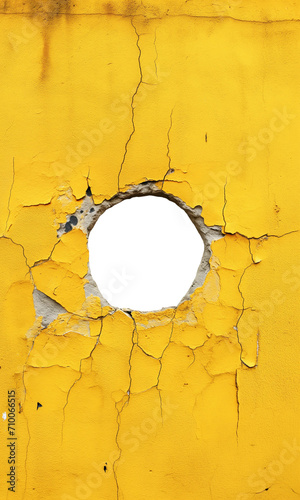 torn hole in a old cracked amber concrete wall. Peeling old amber paint. Cracked and peeling, Grunge wall texture. Worn aged post apocalyptic texture background with a hole in the wall. 