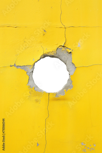 torn hole in a old cracked yellow concrete wall. Peeling old yellow paint. Cracked and peeling, Grunge wall texture. Worn aged post apocalyptic texture background with a hole in the wall. 