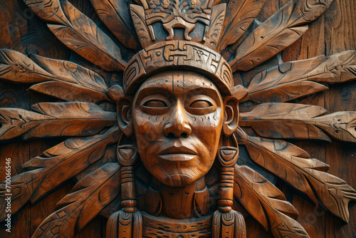 Face in headdress carved from wood, Aztec inspired wall carving of ancient design, surface material texture