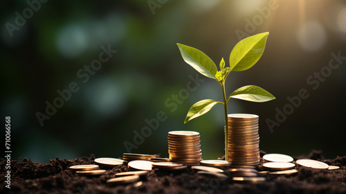 a row of stacks of coins with a plant growing from each. Business finance.Generative AI
