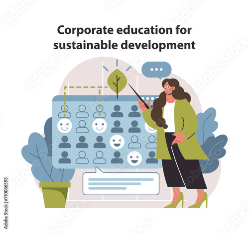 Corporate training for sustainability. Empowering teams for environmental and social goals. Education driving change. Flat vector illustration.
