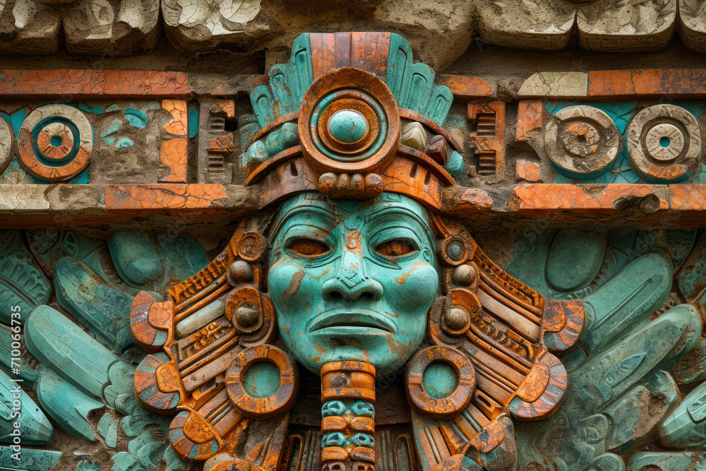 Jade and turquoise head with patina, Aztec inspired wall carving of ancient design, surface material texture