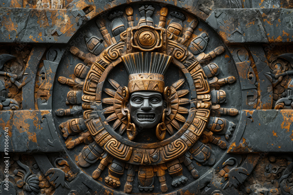 Fototapeta premium Black sun stone like dial, Aztec inspired wall carving of ancient design, surface material texture