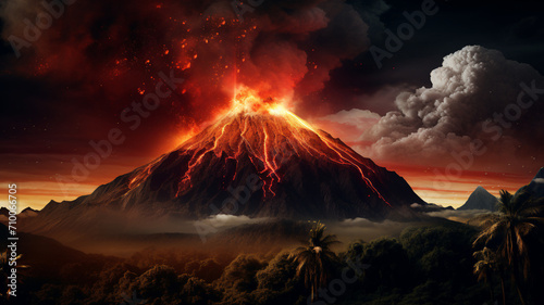 Dramatic view of a volcanic eruption illuminating the twilight sky above a silhouetted cityscape