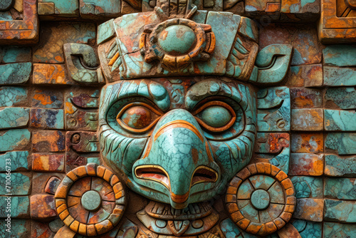 Patina creature head, Aztec inspired wall carving of ancient design, surface material texture