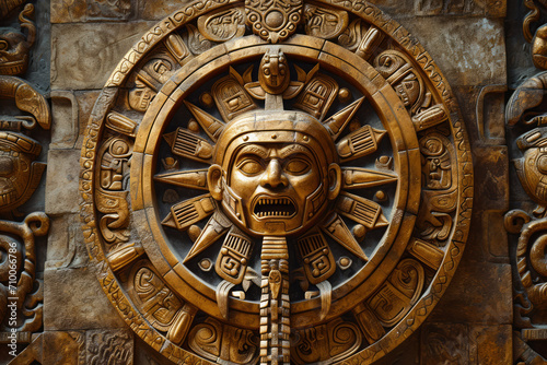 Golden sun stone like dial, Aztec inspired wall carving of ancient design, surface material texture photo