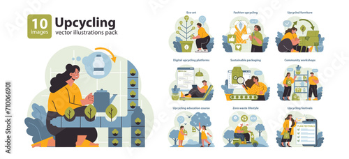 Upcycling Concepts Set. From eco-art to zero waste lifestyle, this collection showcases sustainable living through creative upcycling, digital platforms, and community involvement.