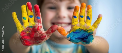 Colorfully painted hands of a happy young boy.