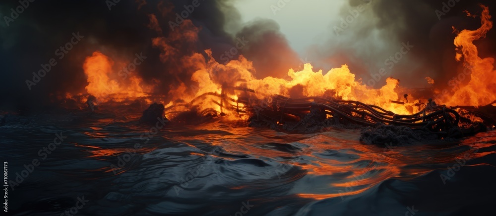 Massive ocean oil spill ablaze with dense black smoke.