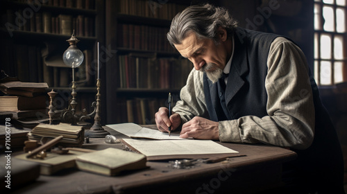 Retro writer working at his desk in an old bookshop. Generative AI