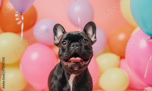 happy french bulldog in the middle of colorful balloons © fraudiana