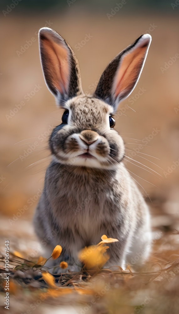 Fototapeta premium Adorable Rabbit in Natural Setting with Autumn Leaves