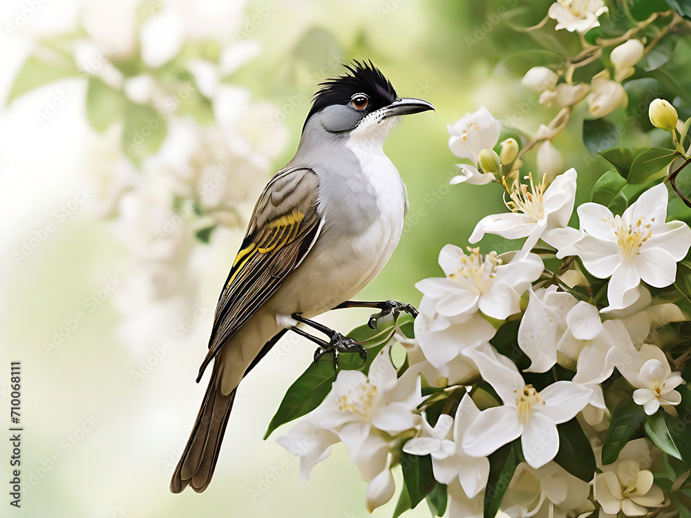 Fototapeta premium Bird sitting on flower tree branch AI Generate photo
